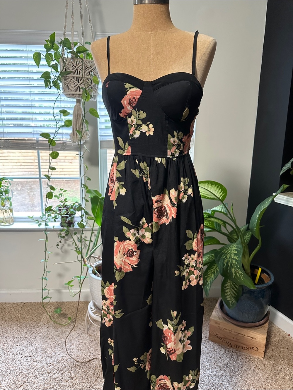 Black Floral Spaghetti-Strap Maxi Dress